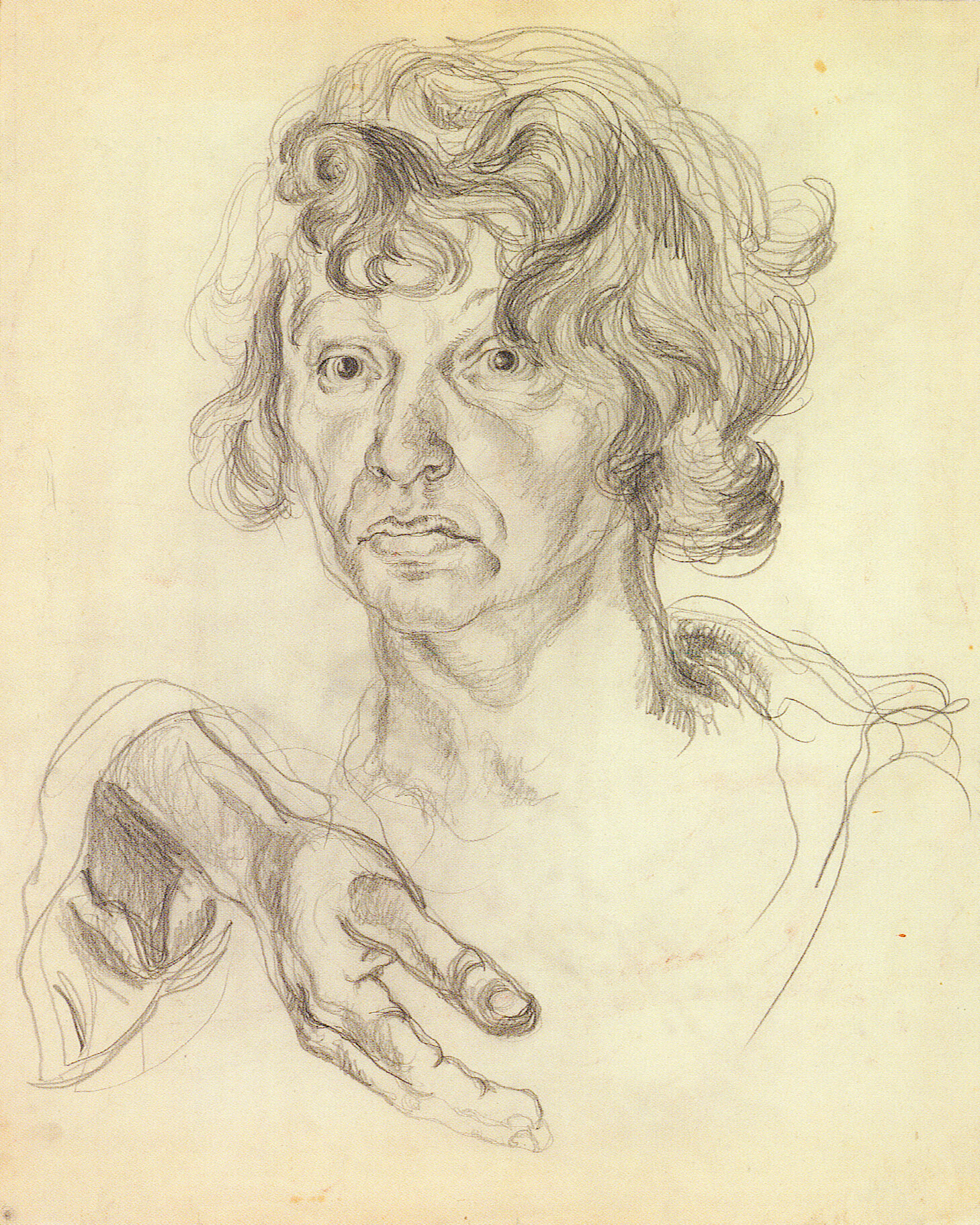 Elfriede Lohse-Wächtler „Selbstporträt mit Handstudie“ Bleistiftzeichnung auf Karton (1932) 