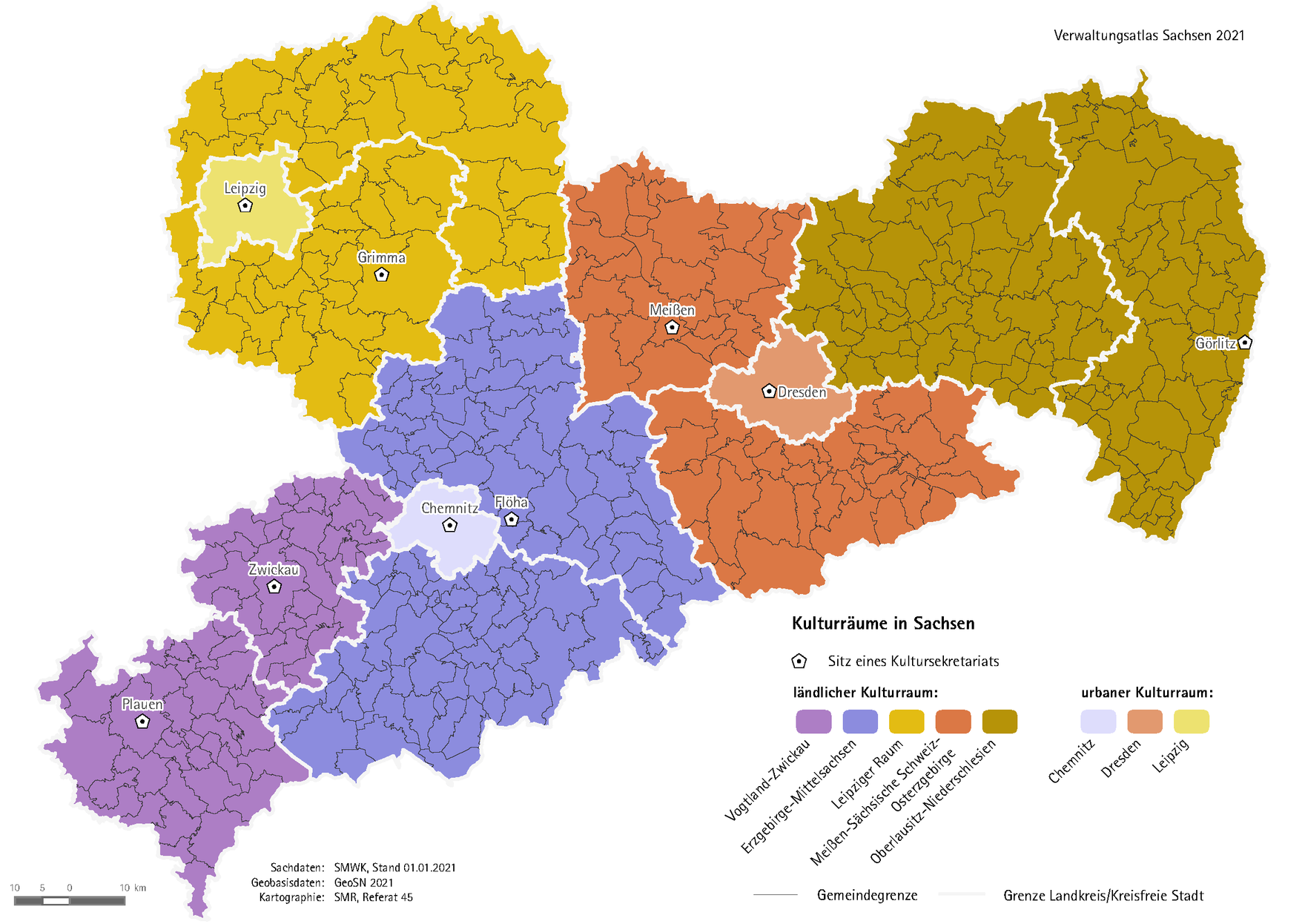 Übersichtskarte über die acht Kulturräume des Freistaates Sachsen