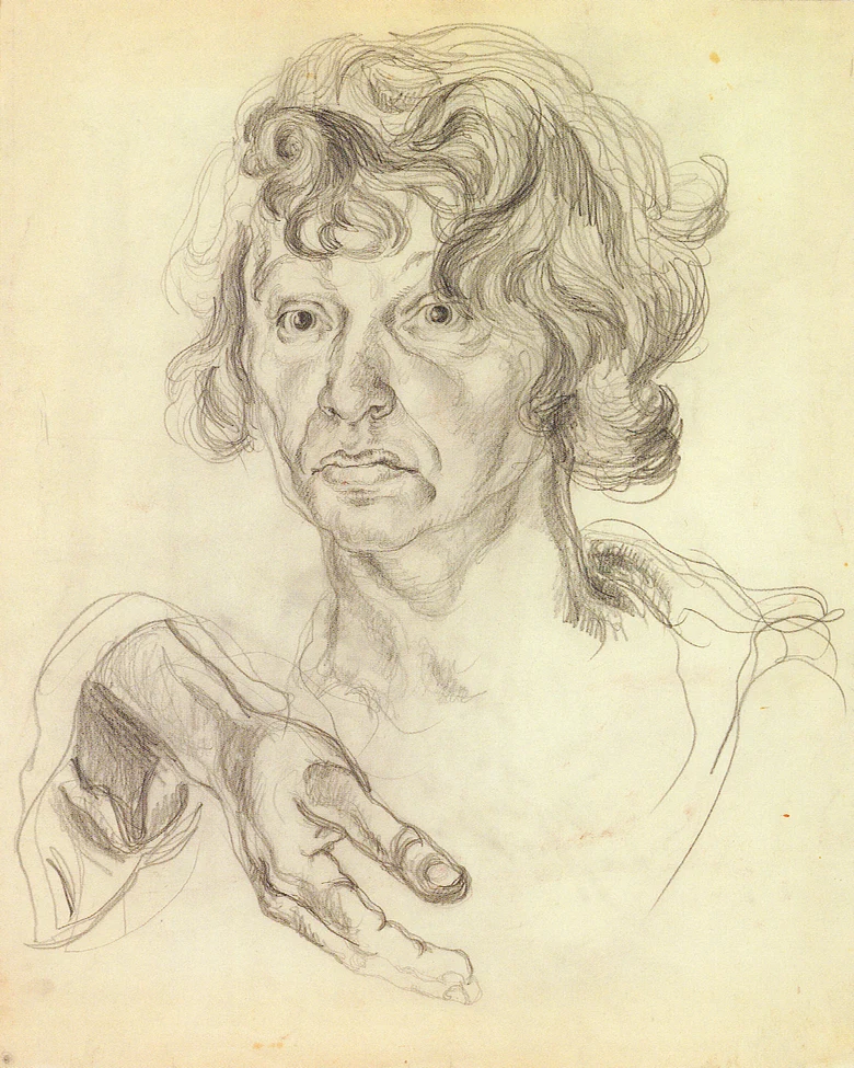 Elfriede Lohse-Wächtler »Selbstporträt mit Handstudie« Bleistiftzeichnung auf Karton (1932) 